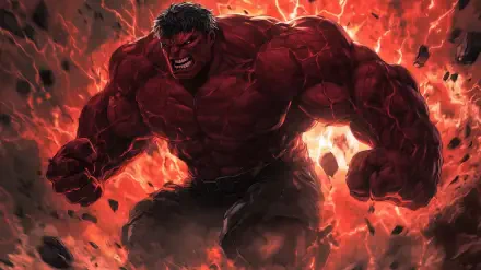 HD wallpaper featuring Red Hulk from the comics, showcasing his powerful stance against a backdrop of fiery red and black elements, emphasizing his strength and intensity.