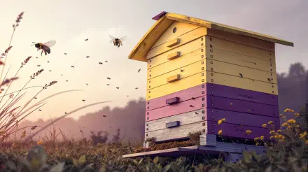 A colorful beehive surrounded by bees and flowers against a soft, glowing background, captured in stunning 4K Ultra HD for a vibrant desktop wallpaper and background.