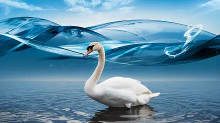 A serene mute swan gracefully glides through calm waters, framed by abstract blue waves and a clear sky in this stunning 4K Ultra HD desktop wallpaper.