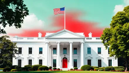 A vibrant 4K Ultra HD image of the White House, featuring its iconic architecture and an American flag waving against a colorful sky. Ideal for a desktop wallpaper or background.
