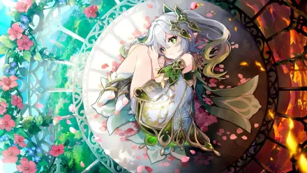 Genshin Impact character curled on an ornate circular frame, surrounded by roses, green foliage and warm light — HD PC Desktop Wallpaper and Background.