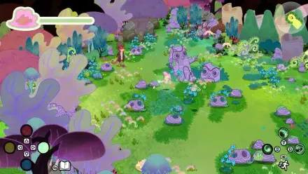 A vibrant HD wallpaper from the video game Grimoire Groves, showcasing a whimsical landscape filled with colorful plants, rocks, and enchanting flora.