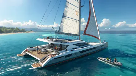 A stunning catamaran sails through clear blue waters, showcasing its sleek design and spacious deck, framed by a vibrant sky and gentle waves. Ideal as a 4K Ultra HD desktop wallpaper.