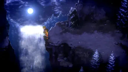 A captivating HD wallpaper from Suikoden I&II HD Remaster, depicting a character on a cliff beside a waterfall under a moonlit sky, evoking the essence of the Gate Rune and Dunan Unification Wars.