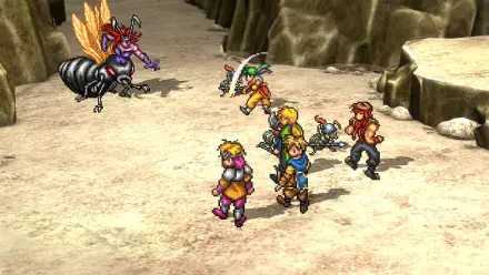 HD wallpaper from Suikoden I&II HD Remaster, depicting characters preparing for battle against a formidable enemy in a dynamic fantasy landscape.