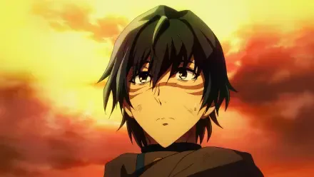 A character from the anime A Returner's Magic Should Be Special gazes intently against a vibrant sunset backdrop. This HD image serves as a striking desktop wallpaper.