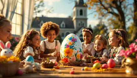 A cheerful scene of children decorating a large, colorful Easter egg outdoors, surrounded by pastel eggs and a charming backdrop, captured in stunning 4K Ultra HD for a vibrant desktop wallpaper.