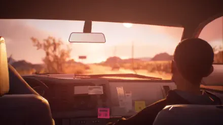 A scene from Life Is Strange 2, featuring a character in a car looking out the window at a picturesque sunset over a desert landscape, serving as an HD PC desktop wallpaper.