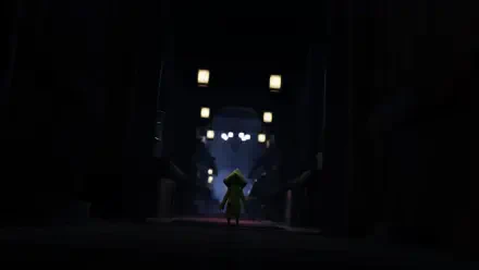 A dark and atmospheric HD wallpaper featuring Six from Little Nightmares, standing alone in a narrow alley illuminated by glowing lanterns.