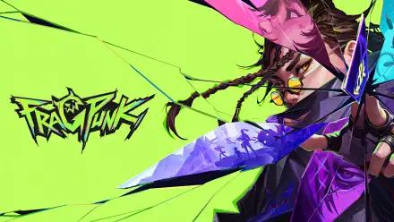 FragPunk video game 4K Ultra HD PC desktop wallpaper: masked cyberpunk warrior with braids and glowing blade against neon green backdrop, stylized FragPunk logo on the left.