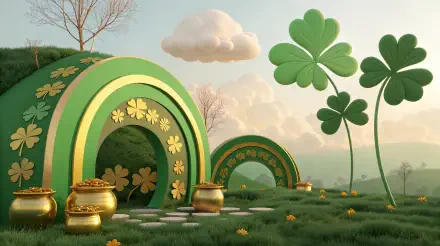 St. Patrick's Day themed 4K Ultra HD desktop wallpaper featuring lush green hills, golden pots, and oversized shamrocks under a bright sky. A vibrant celebration of Irish culture.