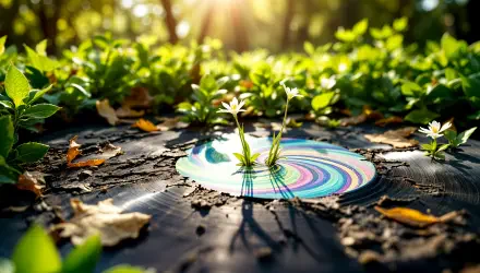 A colorful vinyl record emerges from the earth, surrounded by lush greenery and small white flowers, capturing a serene moment in nature. 4K Ultra HD desktop wallpaper.