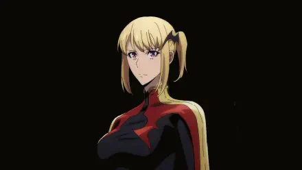 Anime HD PC wallpaper of Cha Hae-in (Solo Leveling): blonde twin‑tails, serious expression, wearing a black-and-red combat suit against a solid black background.