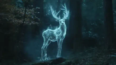 A luminous deer Patronus from the Harry Potter series stands in a mystical forest, offering a captivating HD desktop wallpaper experience.