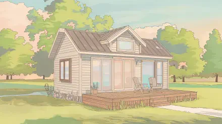 A charming tiny house with a wooden deck and large windows, surrounded by greenery, captured in a serene, pastel-toned illustration, perfect for a 4K Ultra HD desktop wallpaper.