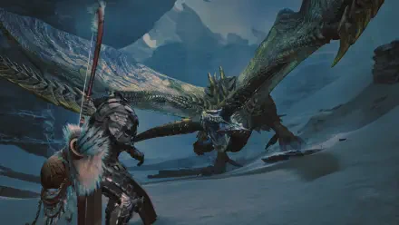 A warrior faces a massive dragon in a snowy landscape from Monster Hunter, depicted in a vibrant HD PC desktop wallpaper, showcasing intense gameplay and stunning graphics.