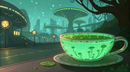 A vibrant, glowing cup of tea sits on a plate, surrounded by a futuristic urban landscape with floating structures and a serene night sky, presented as a 4K Ultra HD desktop wallpaper.