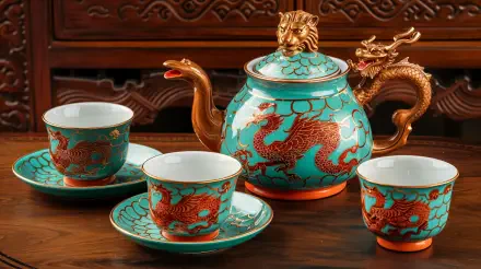 A stunning 4K Ultra HD wallpaper featuring a beautifully crafted tea set with a dragon design, complete with an ornate teapot and matching cups on a wooden table.
