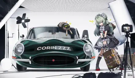 A stylish HD wallpaper featuring Corin Wickes from Zenless Zone Zero, standing next to a vintage car with a whimsical backdrop and playful elements in a studio setting.