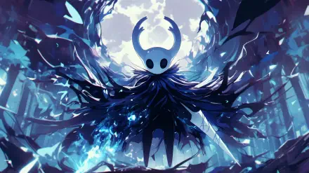 A captivating HD wallpaper featuring a character from the video game Hollow Knight: Silksong, enveloped in a mystical blue aura against a dramatic background.