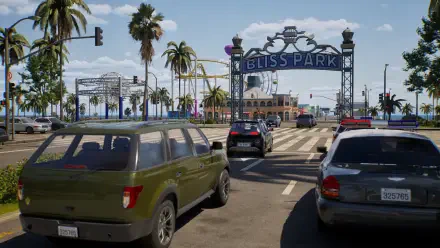 A vibrant HD PC desktop wallpaper showcasing a busy street scene at Bliss Park, featuring palm trees, colorful attractions, and parked cars, all set in a lively video game environment.