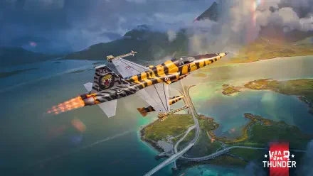 A striking 4K Ultra HD wallpaper featuring an aircraft from War Thunder soaring above a vibrant landscape, showcasing dramatic clouds and colorful waters below.