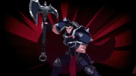 Darius from League of Legends stands ready for battle, wielding a massive axe against a dramatic red backdrop, captured in stunning 4K Ultra HD for a striking video game wallpaper.