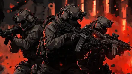 HD wallpaper featuring soldiers in a black and red color scheme from the video game Call of Duty, showcasing intense action with tactical gear and weapons.