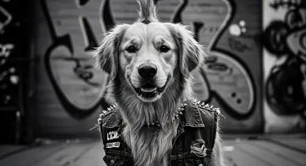 A golden retriever with a punk-inspired look, featuring a spiked vest and a mohawk, poses confidently against a colorful graffiti background. This image serves as a vibrant 4K Ultra HD desktop wallpaper.