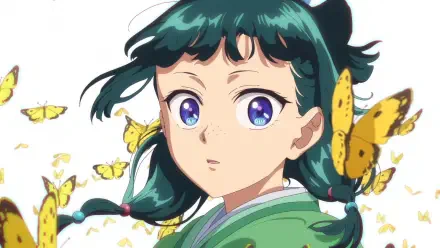 HD anime wallpaper of Maomao from The Apothecary Diaries, featuring her with flowing dark green hair surrounded by yellow butterflies on a white background.