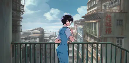 Anime wallpaper: Reiko Kujirai in a blue dress stands on a balcony overlooking a dense Kowloon-style cityscape under a cloudy sky — KOWLOON GENERIC ROMANCE, 4K Ultra HD PC Desktop Wallpaper Background