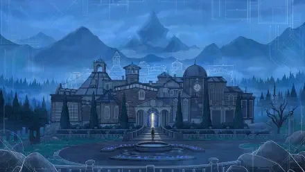 A captivating HD wallpaper featuring a mysterious mansion surrounded by mountains, inspired by the video game Blue Prince, set in a twilight atmosphere.