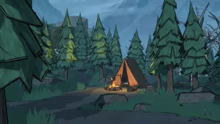 A serene forest scene featuring a tent illuminated by a campfire, set against a backdrop of mountains and tall trees. A vivid 4K Ultra HD wallpaper for the Blue Prince video game.