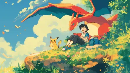 A vibrant 4K Ultra HD PC wallpaper featuring Ash Ketchum with Pikachu and Charizard relaxing on a grassy cliff under a bright, partly cloudy sky.