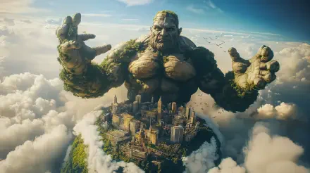 A colossal giant, covered in foliage, emerges from a lush landscape, overlooking a vibrant city nestled among clouds. This stunning 4K Ultra HD fantasy wallpaper captivates the imagination.