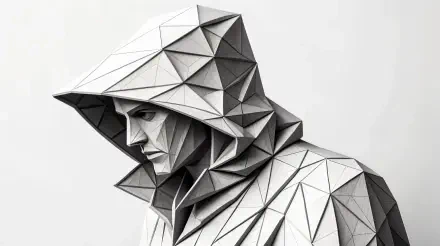 A geometric, low-poly figure in a hooded cloak, shown in profile, against a minimalist background. This 4K Ultra HD image serves as an anonymous digital wallpaper.