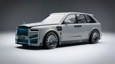 A sleek white Rolls-Royce Cullinan car displayed in a stylish studio setting, showcased as a stunning 4K Ultra HD desktop wallpaper and background.