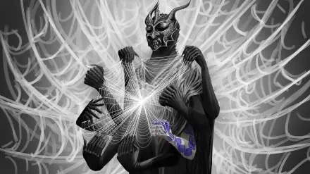 A striking black and white HD wallpaper featuring a shadowy figure with multiple arms set against an intricate spider web, inspired by Shadow Slave from a webnovel.
