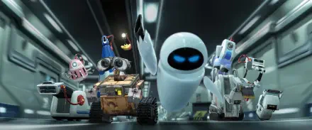 A vibrant scene featuring Wall·E and Eve amidst a cast of quirky robots, showcasing a futuristic setting, perfect for a 4K Ultra HD PC desktop wallpaper.