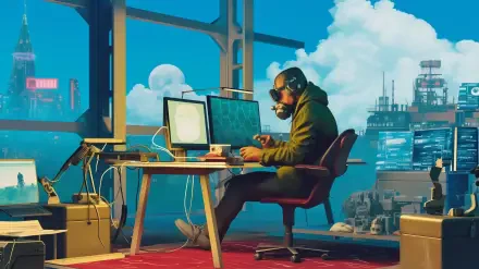 A futuristic hacker sits at a desk, focused on dual computer monitors, surrounded by cables and a vibrant cityscape outside the window, creating a captivating HD desktop wallpaper.