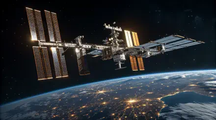 The image features the International Space Station orbiting Earth, captured in stunning detail, perfect for a 4K Ultra HD PC desktop wallpaper.
