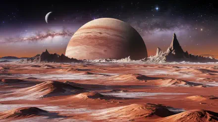 A stunning 4K Ultra HD image showcasing a distant planet with a dramatic landscape of rocky formations and rolling terrain under a starry sky, creating an otherworldly atmosphere.