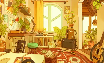 A cozy lofi bedroom filled with plants, warm yellow light, and vintage decor, featuring a desk with records, a guitar, and a comfortable vibe, creating an inviting atmosphere.