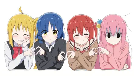 4K Ultra HD Bocchi the Rock! PC desktop wallpaper featuring four characters with varied hair colors and expressions against a plain white background.