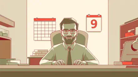 A stylized illustration of a man sitting at a desk in an office environment, featuring a calendar marked with 9, representing a 9 to 5 job. 4K Ultra HD desktop wallpaper.