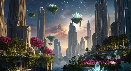 A stunning 4K Ultra HD wallpaper depicting a magical realm with soaring skyscrapers, vibrant flora, and floating islands under a starry sky. Captivating and colorful fantasy landscape.