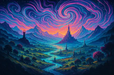 Vibrant 4K Ultra HD Middle Earth landscape with swirling night sky, glowing castle, winding river, and surrounding mountains, rendered as a fantasy PC desktop wallpaper.