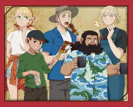 HD PC desktop wallpaper featuring colorful characters from the anime Delicious in Dungeon enjoying various foods together.