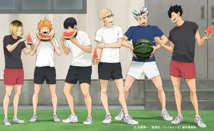 Anime Haikyū!! 4K Ultra HD PC desktop wallpaper and background: Karasuno volleyball teammates in shorts laughing and sharing watermelon on a sunny courtyard.