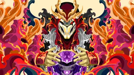 4K Ultra HD esports wallpaper featuring a fierce assassin character styled with vibrant flames and intricate armor, inspired by G2 Esports themes.